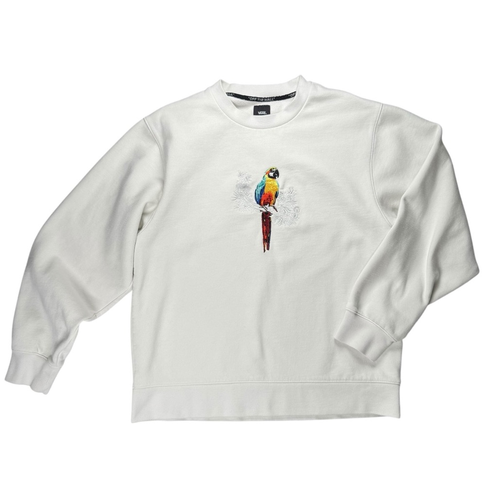Vans Tropics White Crewneck Sweatshirt with Colorful Parrot Design Size Medium